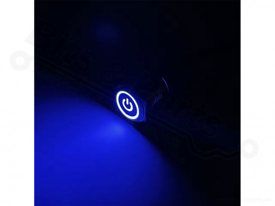 Push button (on/off) metal IP65 waterproof round 16mm blue with power symbo